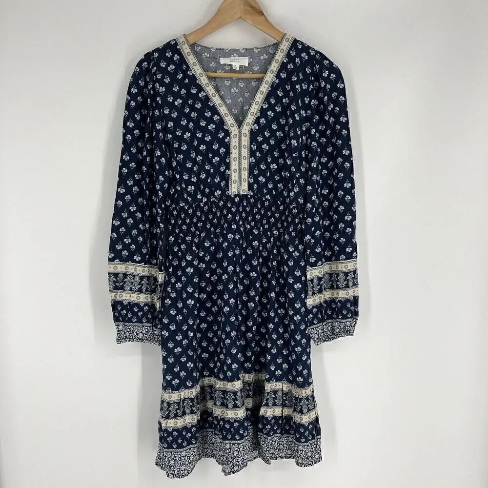 Lucky Brand Dress Size Small Womens Blue Prairie Boho Long Sleeve Smocked Waist